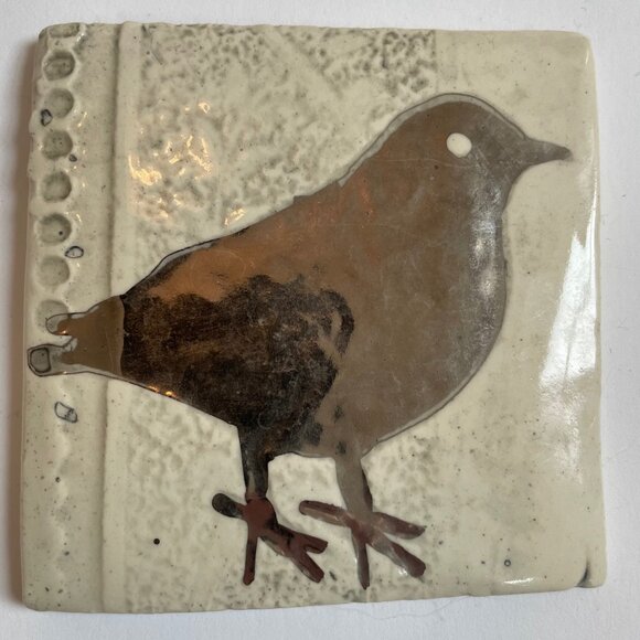 Ceramic Square Bird Tile - Cream and Silver - Picture 1 of 3